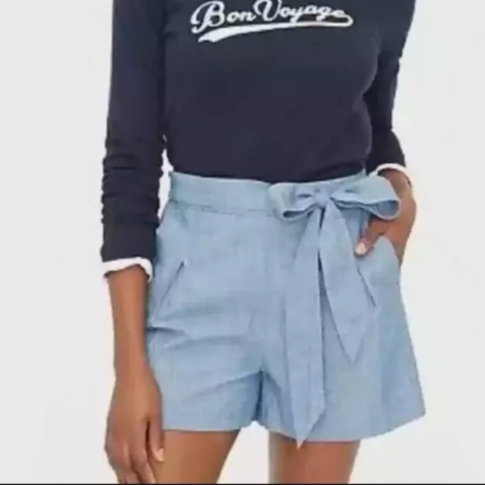 J Crew Size 2 Tie Waist Chambray Shorts Casual Vacation 100% Cotton High Waist